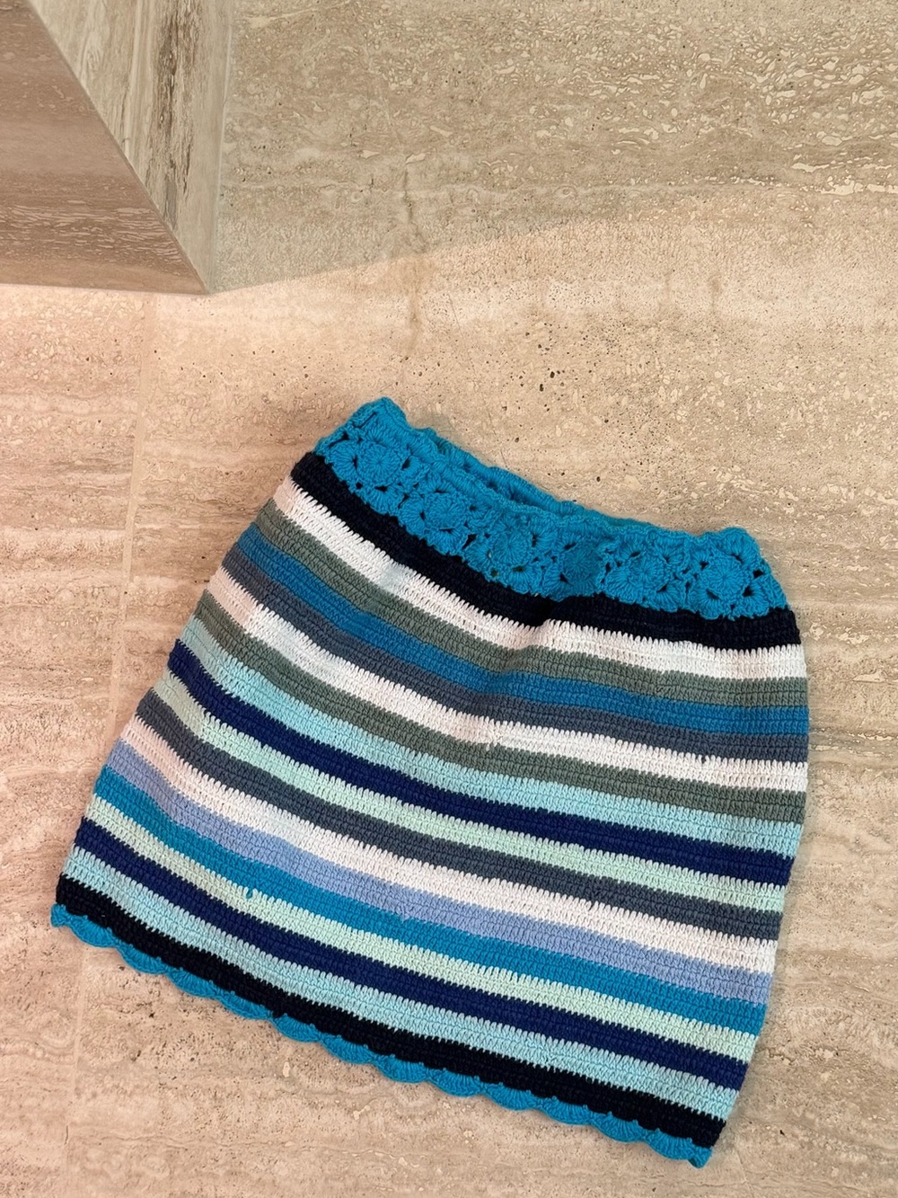 Striped Crochet Mini Skirt in Turquoise, Navy & White